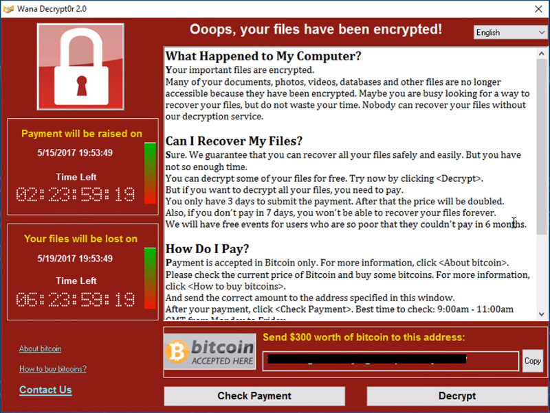 Schermata del ransomware "WannaCry"