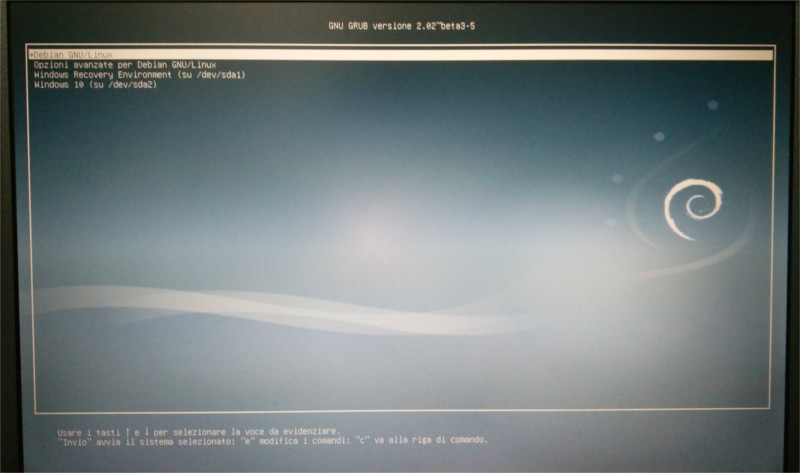 GRUB, schermata di scelta del sistema operativo da avviare